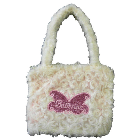Girls White Fuzzy Velvet Glitter Butterfly Ballerina Applique Purse - SophiasStyle.com
